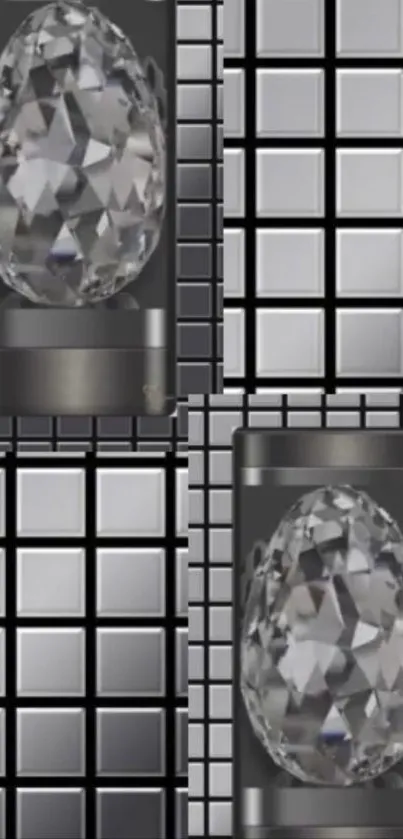 Futuristic crystal grid with metallic patterns.