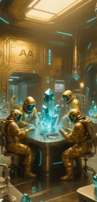 Astronauts study glowing crystals in a futuristic lab.