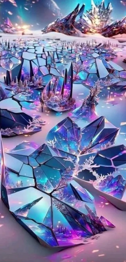 Futuristic crystal landscape with vibrant colors in purple and blue hues.