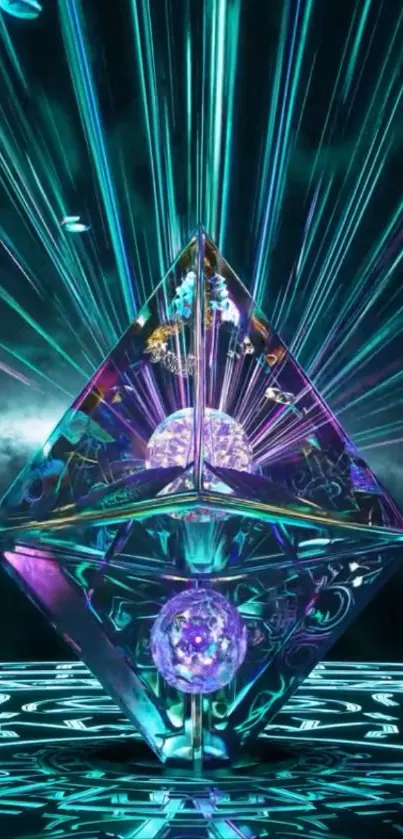 Futuristic crystal pyramid with glowing lights.