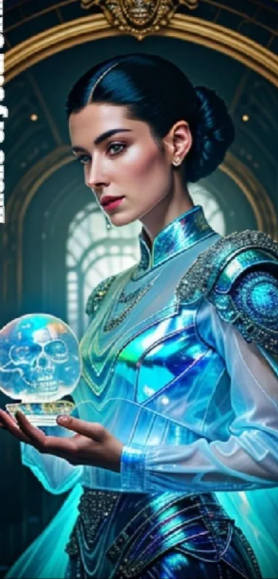 Futuristic woman holds a glowing crystal skull in a digital fantasy scene.