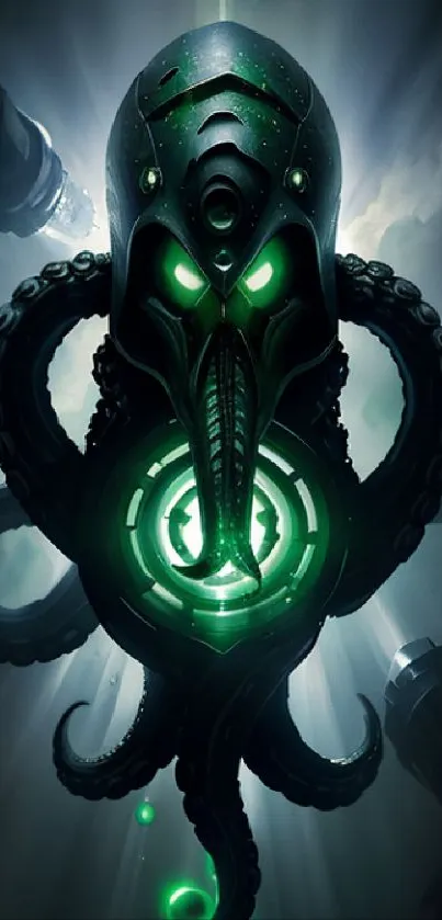 Futuristic Cthulhu wallpaper with glowing green eyes and tentacles.