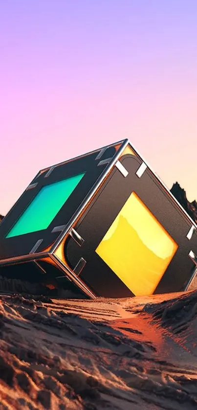 Futuristic glowing cube in a surreal desert landscape wallpaper.