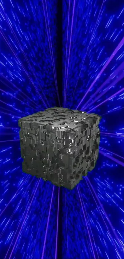 Futuristic metallic cube with neon blue streaks wallpaper.