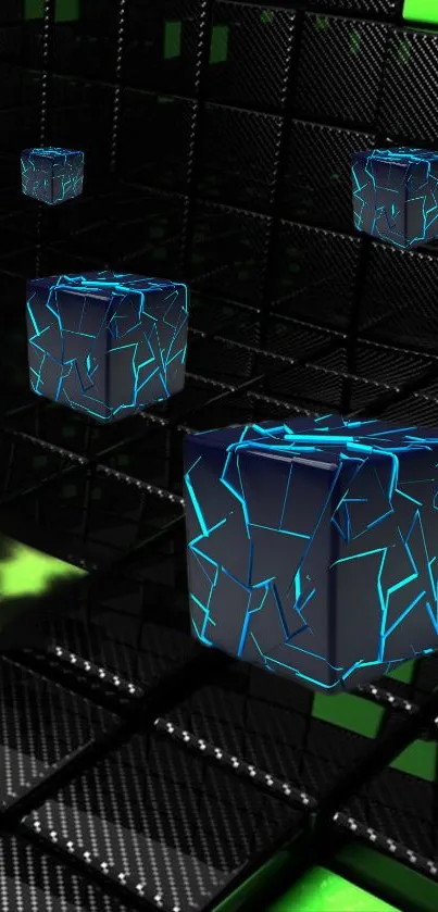 Glowing blue cubes on a dark, futuristic wallpaper.