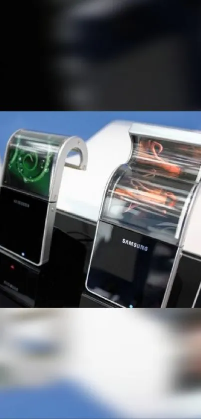 Futuristic curved phone display with sleek design.