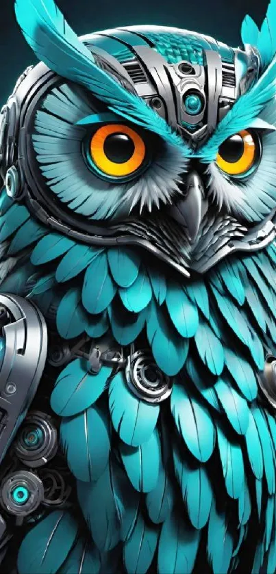 Futuristic cyan robotic owl wallpaper, detailed and captivating design.