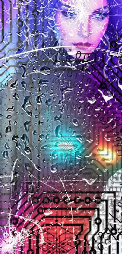 Colorful cyber-inspired wallpaper with neon and circuit motifs.