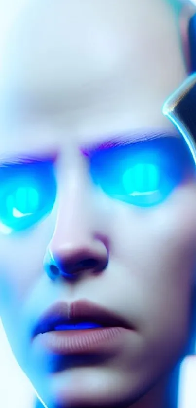 Close-up of a futuristic AI face glowing in neon blue light.