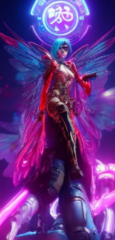 Colorful futuristic angel with neon wings and cybernetic features.