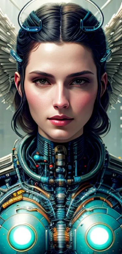 Futuristic cyber angel with glowing wings and intricate robotic design.