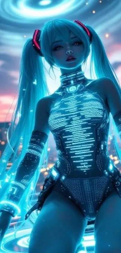 Futuristic anime character with neon blue accents.