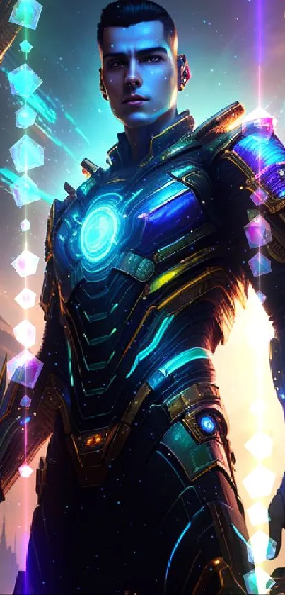 Futuristic cyber armor hero in vibrant colors and glowing design.