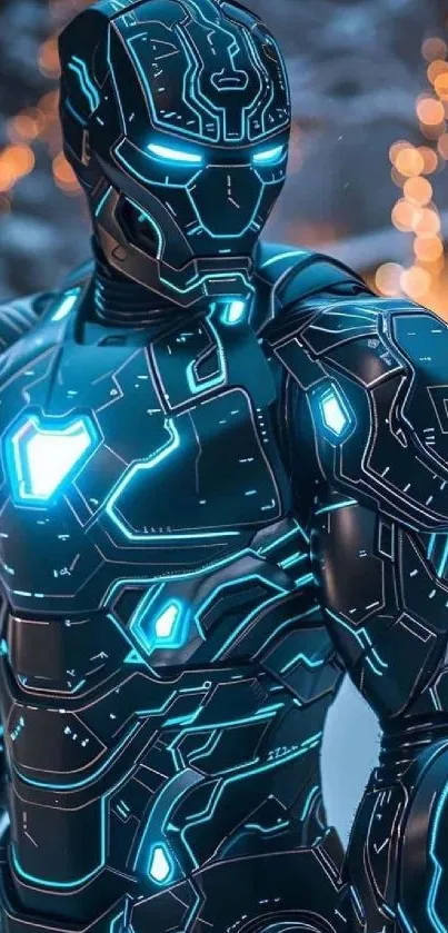 Futuristic cyber armor with neon glow in winter.