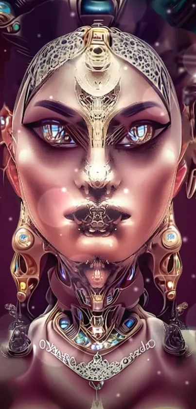 Futuristic cyber art face with intricate details and luminous colors.