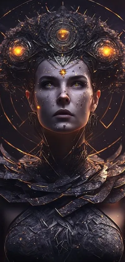Futuristic armored figure with glowing orange accents on dark background.