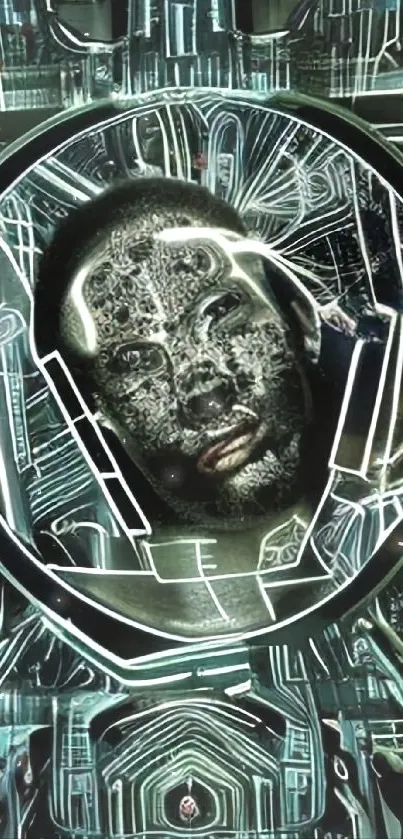 Futuristic digital face with neon circuitry wallpaper.