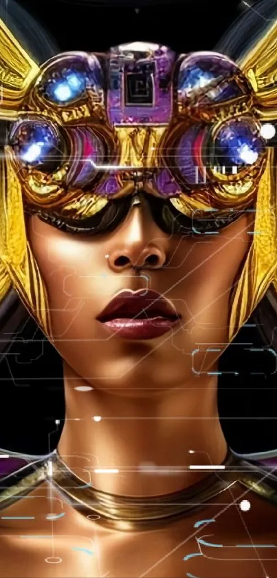 Futuristic cyber avatar with golden and vibrant design elements.