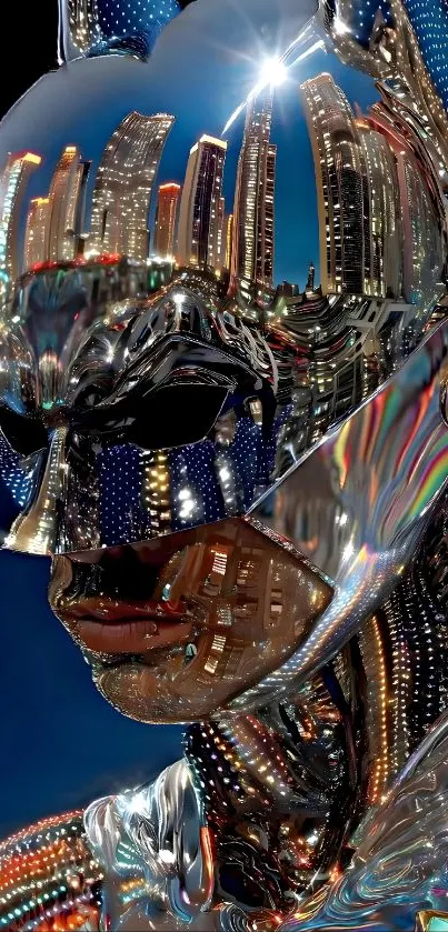 Reflective cybernetic Batman with cityscape in this digital art wallpaper.