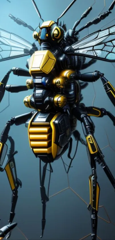 Futuristic cyber bee with metallic design in a tech-inspired setting.