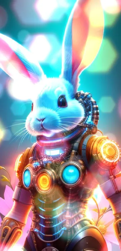 Futuristic cyber bunny with neon lights and flowers in digital art.