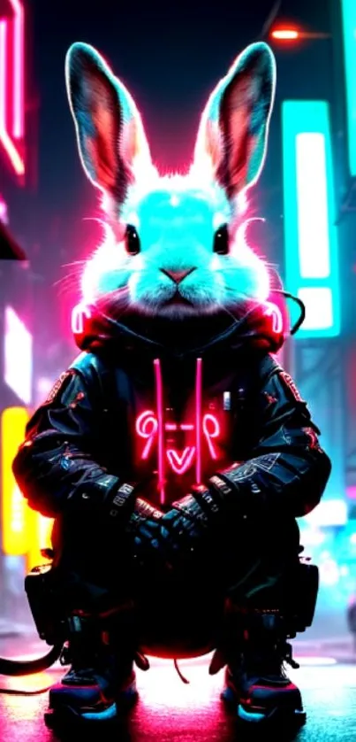 Neon lit cyber bunny sits in futuristic cityscape.