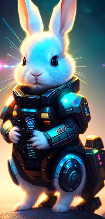 Futuristic cyber bunny in sci-fi armor on a vibrant phone wallpaper.