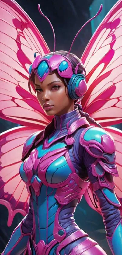 Futuristic woman with butterfly wings in pink armor.