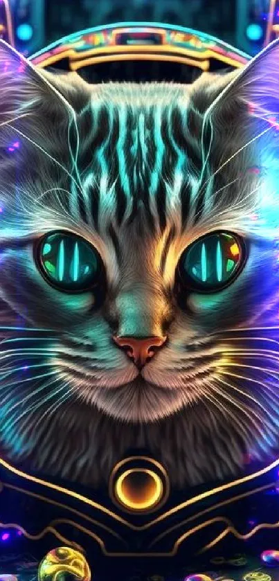 Futuristic cat with neon design in digital art wallpaper.