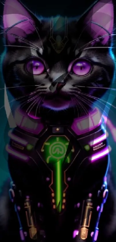 Futuristic cyber cat with neon colors on a teal background.