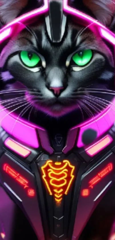 Futuristic cyber cat with neon colors and tech armor.