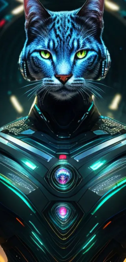 Futuristic cybernetic cat with neon colors in a digital setting.