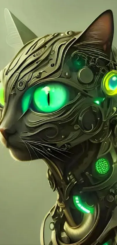 Futuristic cyber cat with glowing green eyes and mechanical details.