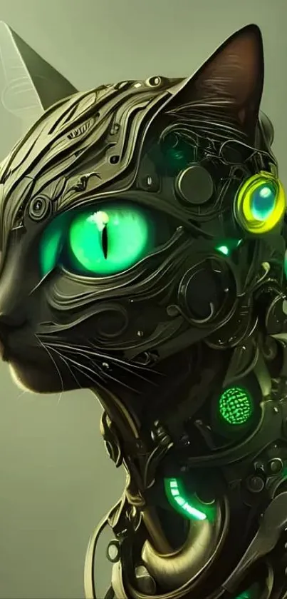 Futuristic cybernetic cat with green eyes on a digital art wallpaper.