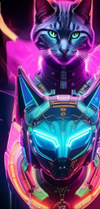 Futuristic cyber cat with neon lights in vibrant colors.