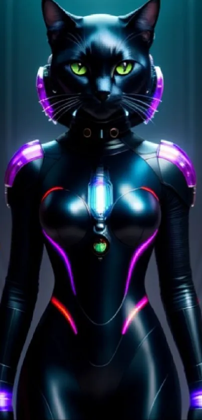 Futuristic cat in neon cyber suit, perfect for sci-fi wallpaper lovers.