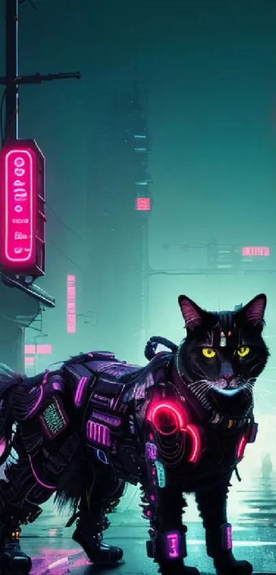 Futuristic cyberpunk cat with neon accents in a cityscape.