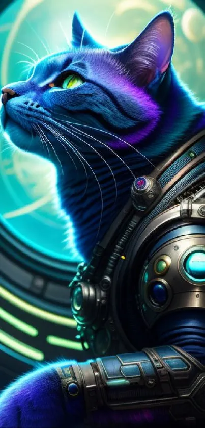 Futuristic cybernetic cat with neon blue hues.