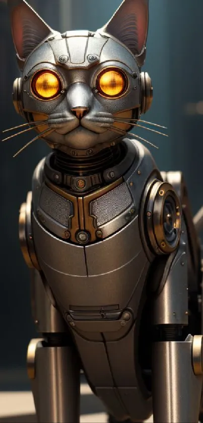 Futuristic cyborg cat with glowing eyes in a sci-fi setting.