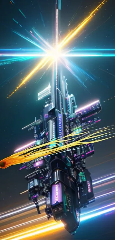 Futuristic cyber cityscape with neon lights and digital elements.