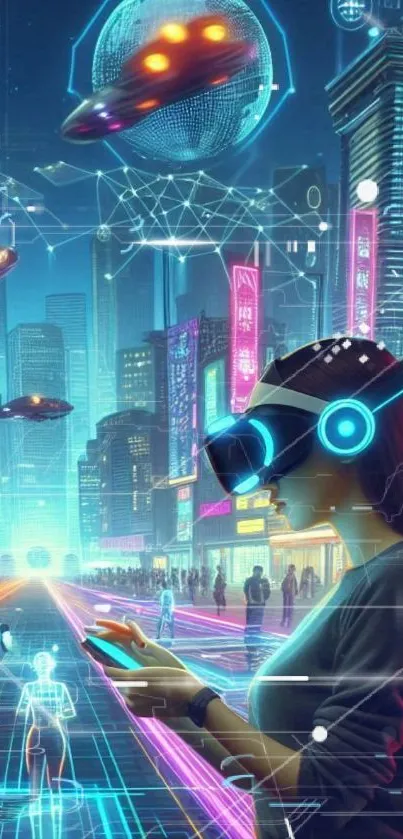 Futuristic cityscape with neon lights and virtual reality elements.