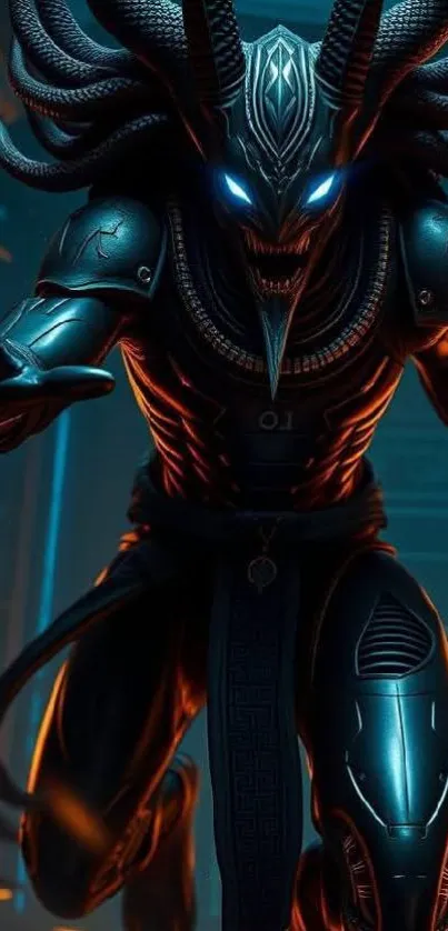 Futuristic cyber demon with glowing eyes.