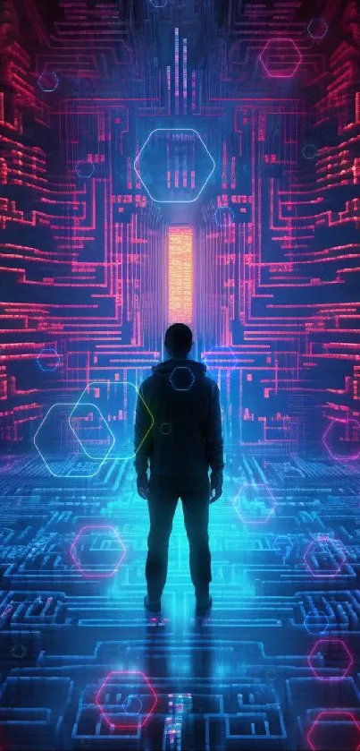 Futuristic digital wallpaper with neon and circuit elements.