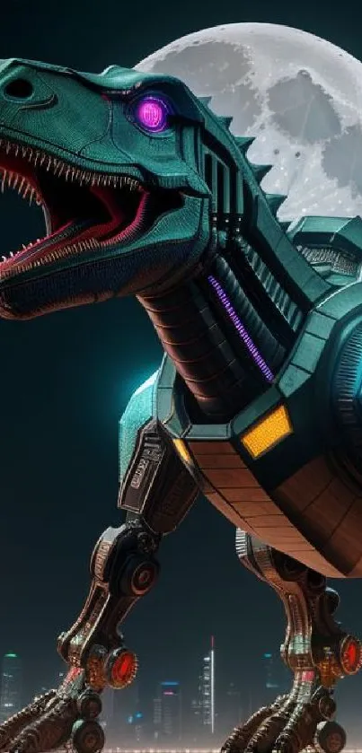 Futuristic cybernetic dinosaur mobile wallpaper under a full moon.