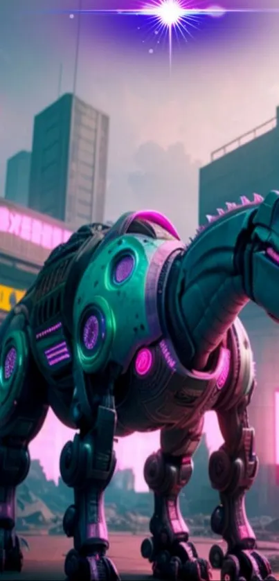 Futuristic robotic dinosaur in neon-lit cityscape.