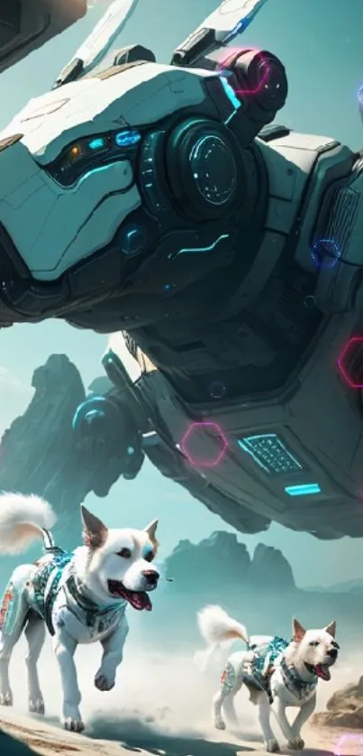 Futuristic cyber dogs with a giant robot in a sci-fi landscape.