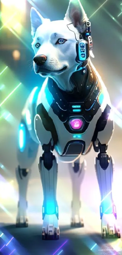 Futuristic cybernetic dog illuminated with neon blue technology.