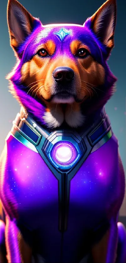 Futuristic purple cyber dog in neon city.