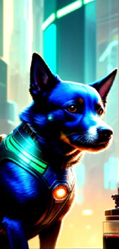 Cyber dog in a futuristic city with neon lights.