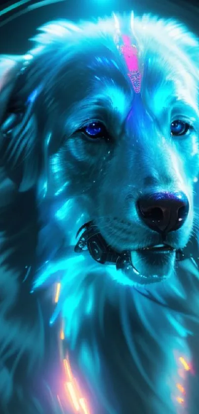 Futuristic cyber dog with neon blue hues.